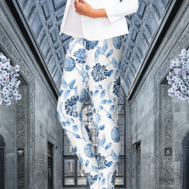 Blått Dam Modern Vintage botaniskt Blommigt Toile Leggings