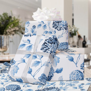 Blått Dam Modern Vintage Stor Blommigt Toile White Presentpapper