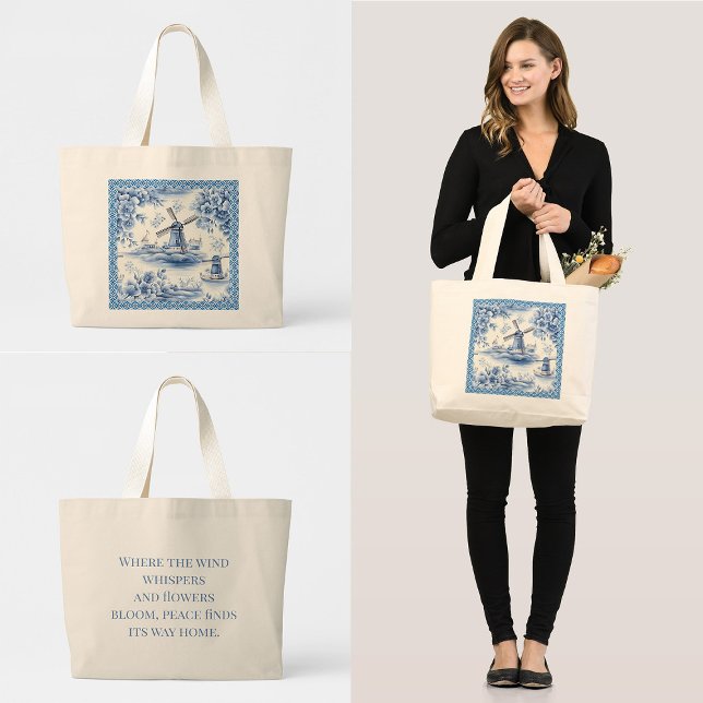 Blått Delft-Blommigt, Gräns-citat Jumbo Tygkasse (Dutch delft blue windmill tote bag with quote on back)