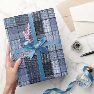 Blått denim, tartan, pläd. presentpapper