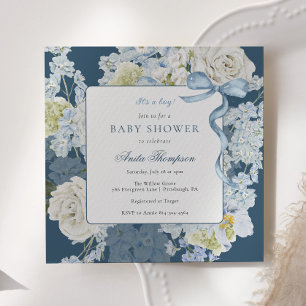Blått Det är en pojke Blommig babybåge babyfirande Inbjudningar