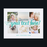 Blått din anpassningsbar text 6 sammanfogning av f vykort<br><div class="desc">Skript med Heart Din anpassningsbar text 6 foton kollage turkos blue universal Postcard. Personlig 6-familjesammanfoto Universell Hälsning-vykort med snyggt fotokollage med 6 anpassat bilder,  ditt hälsning-meddelande i elegant handskrivet skriptteckensnitt,  ditt namn,  datum,  år,  meddelande på baksidan i ett modernt och enkelt sans serif-teckensnitt.</div>
