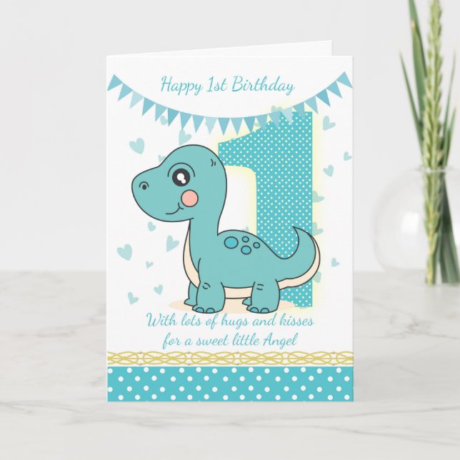 Blått dinosauriekort för första födelsedagen, förs kort (Framsida)