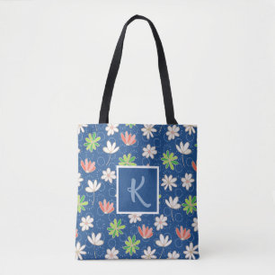 Blått Ditsy Blommönster Monogram Tygkasse