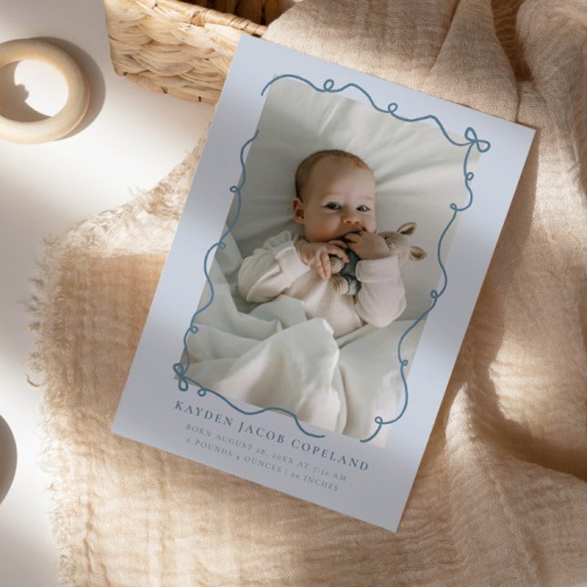 Blått Doodle Bows Ram Birth Announcement Photo Meddelande (Skapare uppladdad)