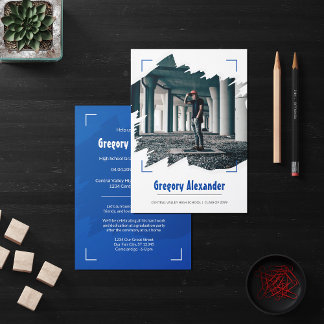 Blått Edgy Abstrakt, Brushline Photo Studenten Inbjudningar