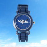 Blått eget namn för Kids Flygplan Boys Blue Armbandsur<br><div class="desc">Blå,  flygplan,  flygplan,  flygplan,  transport,  fordon,  vakta för barn. Anpassningsbar,  Kids,  Namn,  stålblå pojkar vakar. Anpassa det med ditt barns namn.</div>