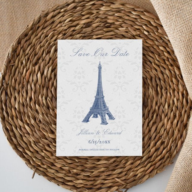 Blått Eiffel Torn-skadedatum Spara datum Meddelande (Blue Eiffel Tower Damask Save the Date)