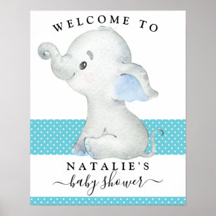 Blått elefant Boy Baby Shower-skylt Poster