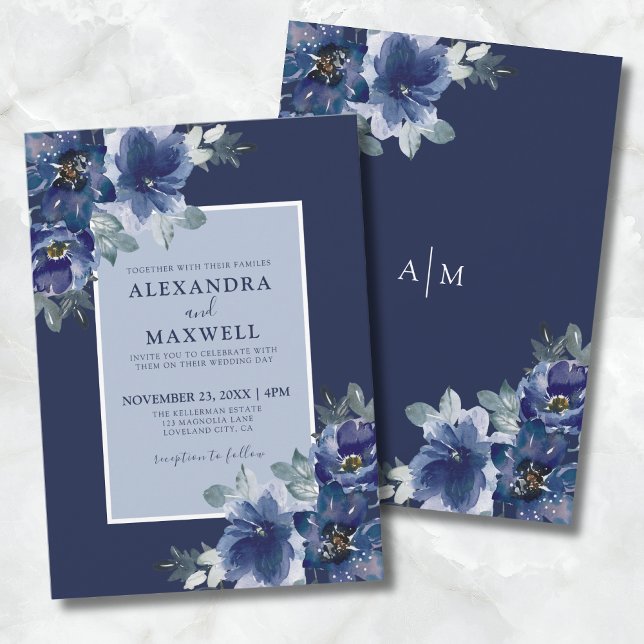 Blått Elegant Botaniskt vattenfärgsfärgad Blommigt Inbjudningar (Blue Elegant Botanical Watercolor Floral Wedding Invitation)