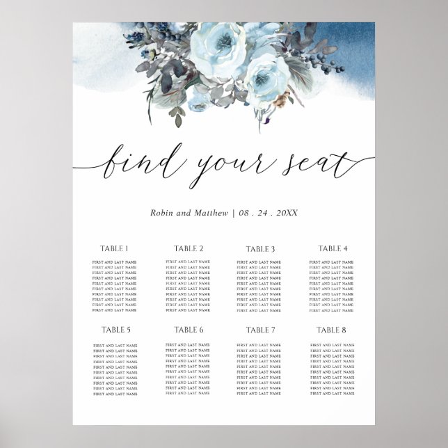 Blått Elegant bröllop-bordsdiagram för Blommigt Poster (Framsidan)