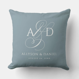 Blått Elegant, initialt skript, Monogram Bröllop Kudde