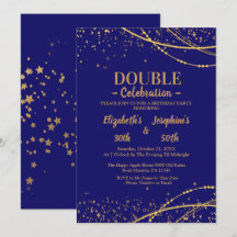 Blått elegant med guld stjärnor, dubbla födelsedag