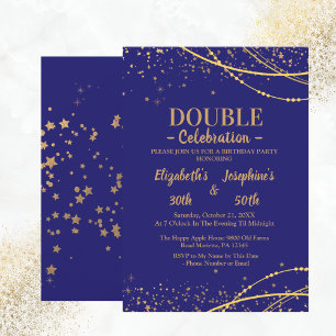 Blått elegant med guld stjärnor, dubbla födelsedag inbjudningar