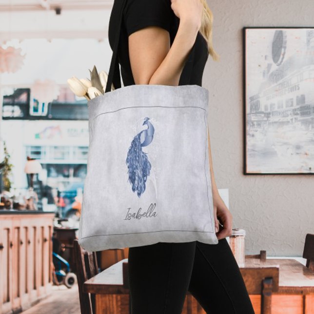 Blått Elegant, Personlig, verktygslåda Tygkasse (Blue Elegant Peacock Personalized Tote Bag)