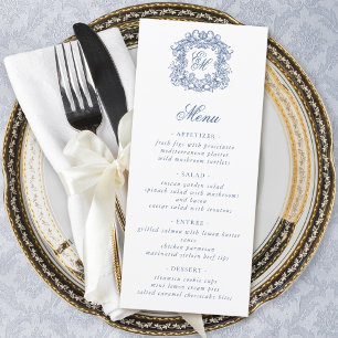 Blått Elegant Skript Monogram Stämpel Bröllop Meny