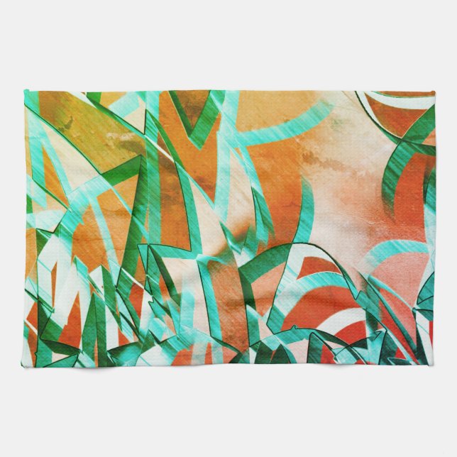 Blått eller cyan rand över rostfri orange kökshandduk (Horisontell)