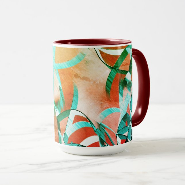 Blått eller cyan rand över rostfri orange mugg (Framsida höger)