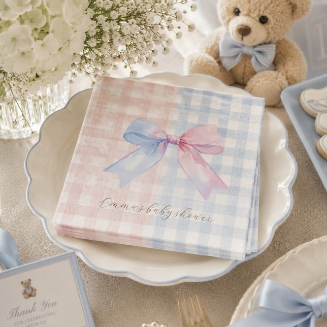 Blått eller Rosa Gingham-band Könsbestämmande Bebi Pappersservett (Skapare uppladdad)