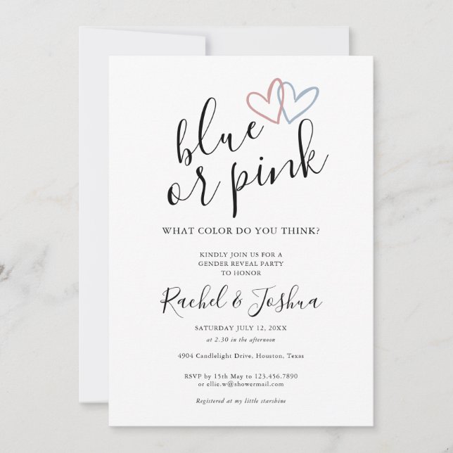 Blått eller Rosa Kärlek Hearts Gender Reveal Party Inbjudningar (Framsida)