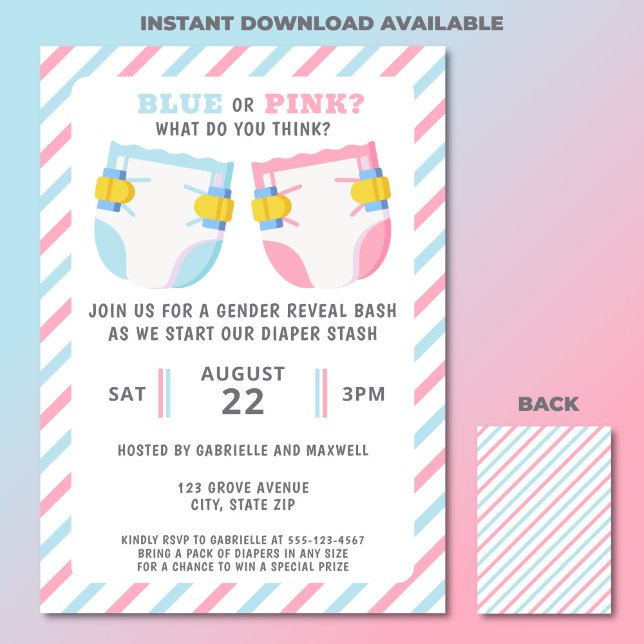 Blått eller Rosa Party för att visa gender Inbjudningar (Gender reveal diaper stash party invitation)