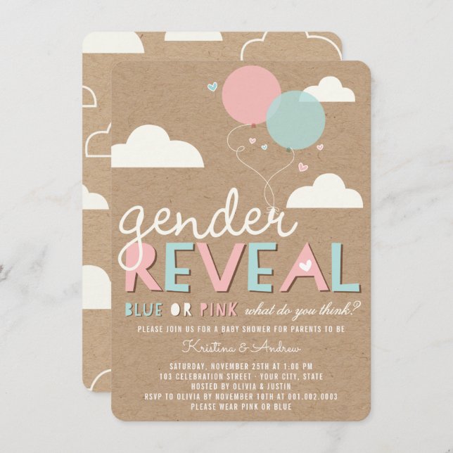 Blått- eller rosababygender avslöjer partyinbjudan inbjudningar (Fram/baksida)