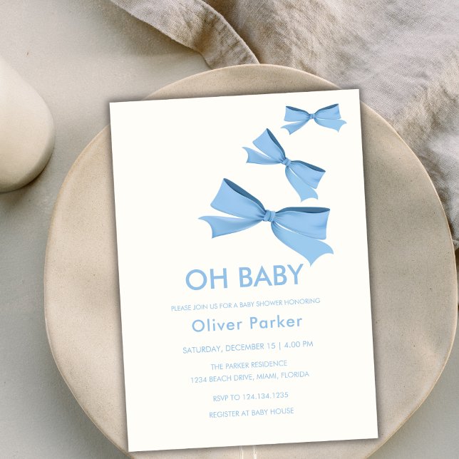 Blått enkelt babybabybabybabyskor inbjudningar (Blue Simple Bow Ribbon Boy Baby Shower Invitation)