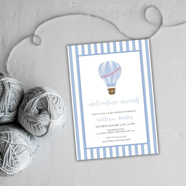 Blått enkelt babyskor för Luftballong i Rand Inbjudningar (Blue Simple Stripe Hot Air Balloon Baby Shower Invitation)