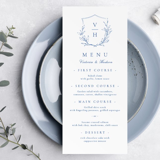 Blått enkelt botaniskt vapensköld monogram bröllop meny (Blue simple botanical crest monogram wedding Menu)