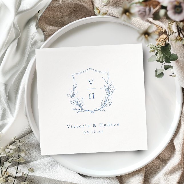 Blått enkelt botaniskt vapensköld monogram bröllop pappersservett (Blue simple botanical crest monogram wedding Napkins)