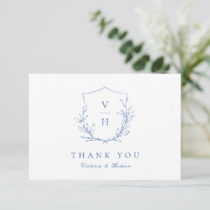 Blått enkelt botaniskt vapensköld monogram bröllop tack kort