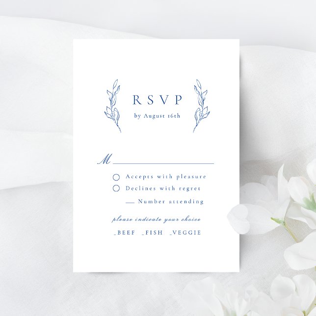 Blått enkelt elegant botaniskt bröllop OSA-kort OSA Kort (Blue simple elegance botanical wedding RSVP card)