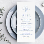 Blått, enkelt elegant, botaniskt monogram bröllop meny<br><div class="desc">Monogrammed initialer och elegant-hand illustrerade botaniskt löv,  menydetaljer i elegantens skript och klassiskt typsnitt,  enkelt och lyxigt. Underbar faux blue and white-meny för det moderna klassiska bröllop,  rent formellt bröllop,  elegant botaniskt trädgårdsbröllop. Visa alla matchande delar i samlingen.</div>
