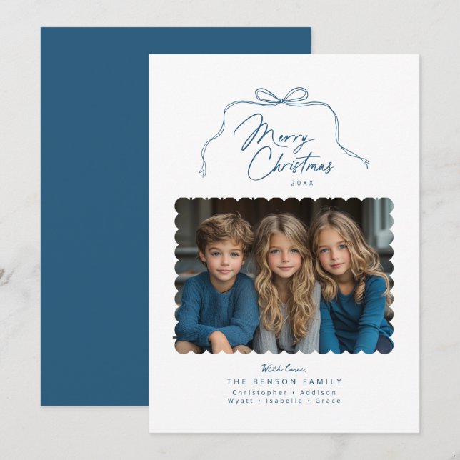 Blått, enkelt foto-julkort med uppringd bladet julkort (Fram/baksida)