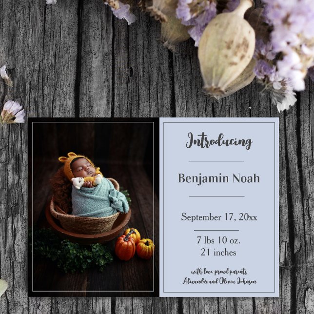 Blått enkelt fotofödelsemeddelande meddelande (Blue Simple Photo Birth Announcement)