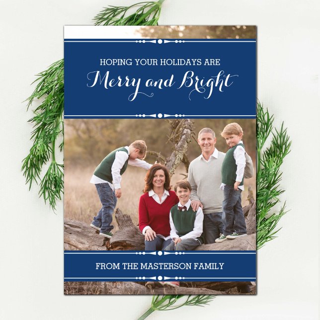 Blått, enkelt Helgdag för foto-flata kort med Chic (Blue Simply Chic Holiday Photo Card)
