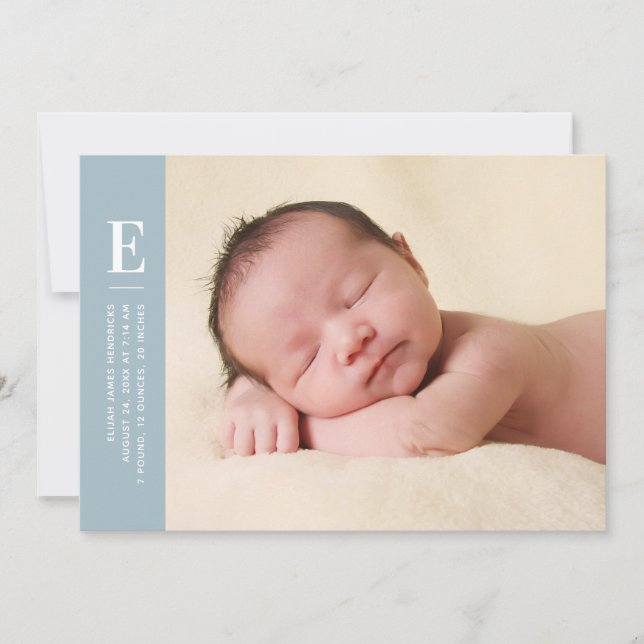 Blått enkelt monogram fotfoto med Nyfödd bebis Meddelande (Framsida)