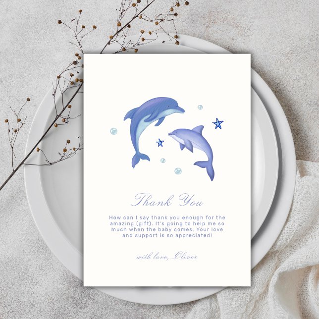 Blått enkelt sommardelfinformat stjärnor Babyskare Tack Kort (Blue Simple Summer Dolphin Stars Baby Shower Thank You Card)