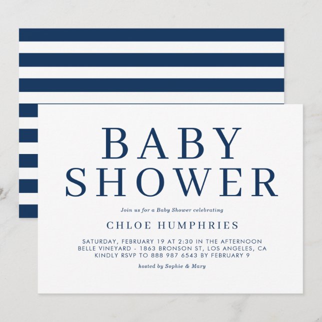 Blått enkelt typografi Rand Boy Shower Inbjudningar (Fram/baksida)