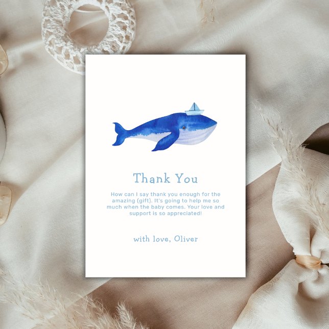 Blått enkelt under Sea Whale Baby Shower Tack Kort (Blue Simple Under The Sea Whale Baby Shower Thank You Card)