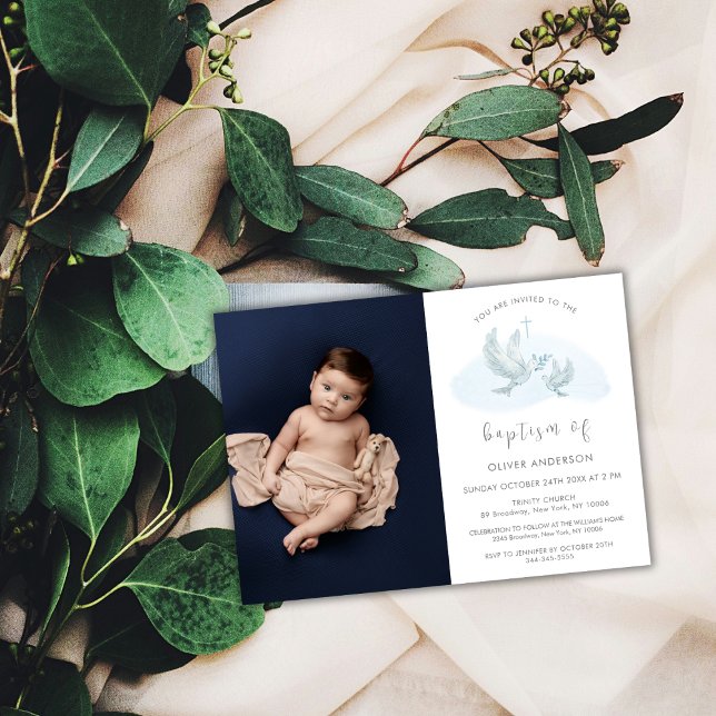 Blått enkelt vattenfärgat Bird Photo Kor Baptism Inbjudningar (Blue Simple Watercolor Bird Photo Cross Baptism Invitation)