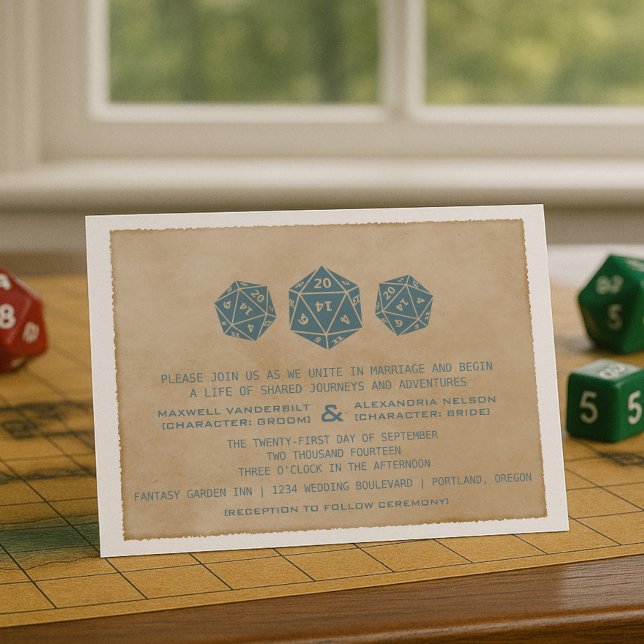 Blått erbjudande till D20 Dice Gamer Wedding Inbjudningar (Blue Grunge D20 Dice Gamer Wedding Invitation)