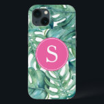 Blått fall av Tropical Phone-Grönt i Monogram<br><div class="desc">Lägg till en liten bit av tropikarna på din mobil med den här söta iphone case-designen med en vattenfärgad illustration av lush tropical banan och handflatan löv i vibranta nyanser av grönt. Den slående bakgrunden för rosa framhäver ditt monogram för personlig i skarpt vitt, skapar en snyggt och ett tillbehör...</div>
