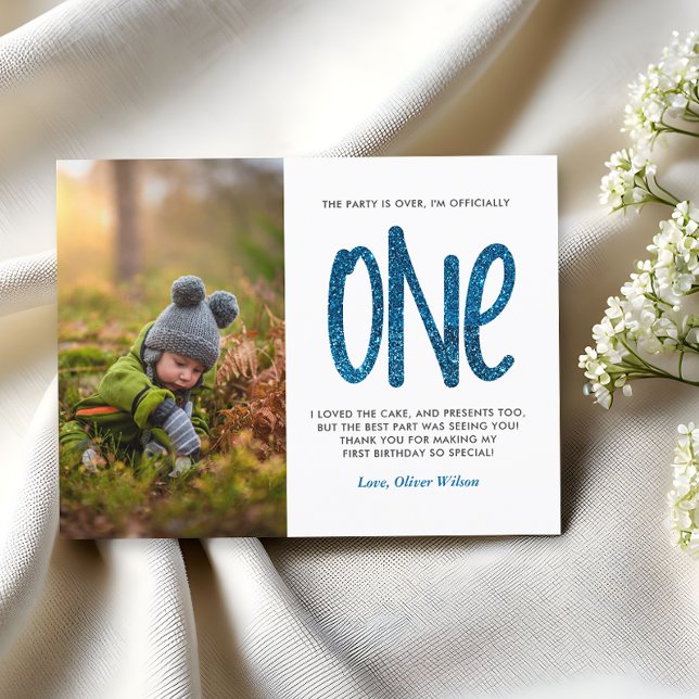 Blått faux Glitter 1:a födelsedag-Tack-vykort Vykort (Skapare uppladdad)