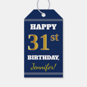 Blått, Faux Guld 31a Birthday + Anpassat namn Presentetikett