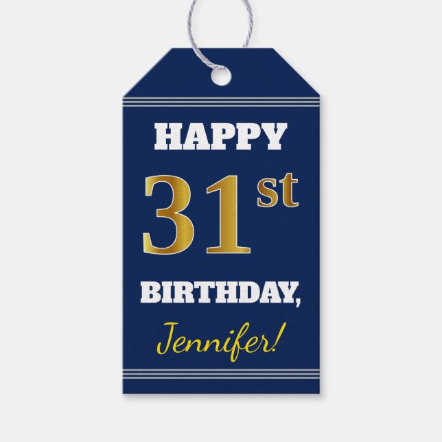 Blått, Faux Guld 31a Birthday + Anpassat namn Presentetikett (Framsidan)