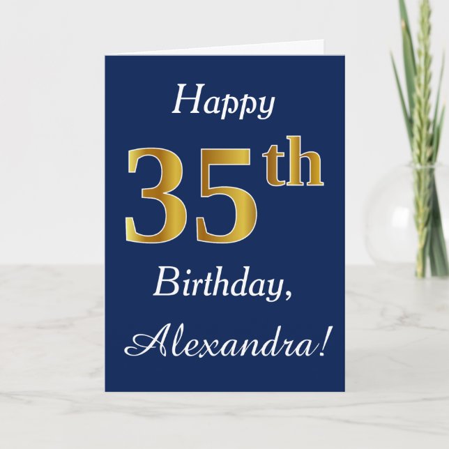 Blått, Faux Guld 35e Birthday + Anpassat namn Kort (Framsida)