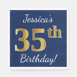 Blått, Faux Guld 35e Birthday + Anpassat namn Pappersservett