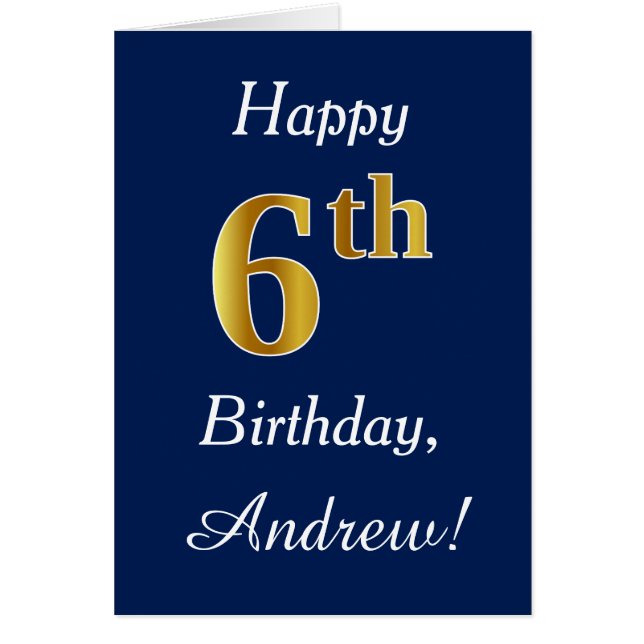 Blått, faux Guld 6e Birthday + Anpassat namn Hälsningskort (Framsidan)