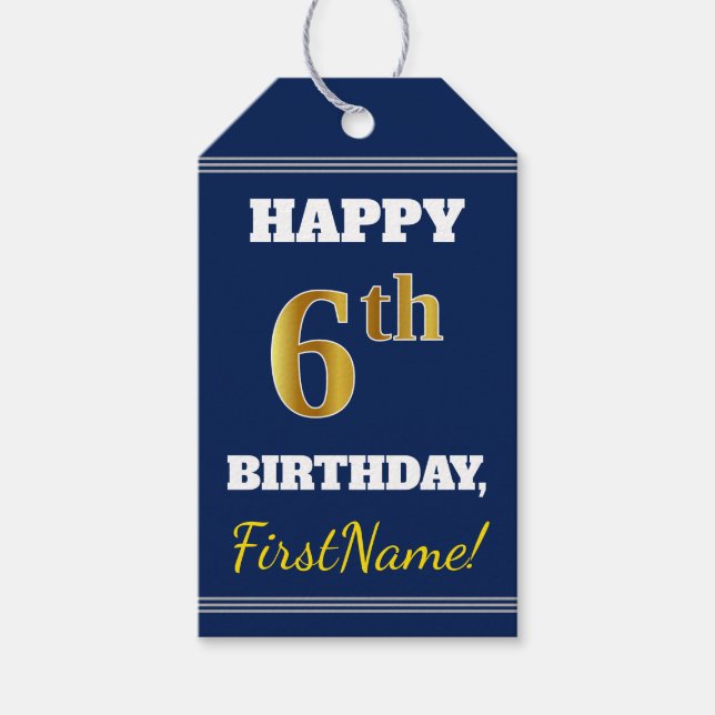 Blått, faux Guld 6e Birthday + Anpassat namn Presentetikett (Framsidan)